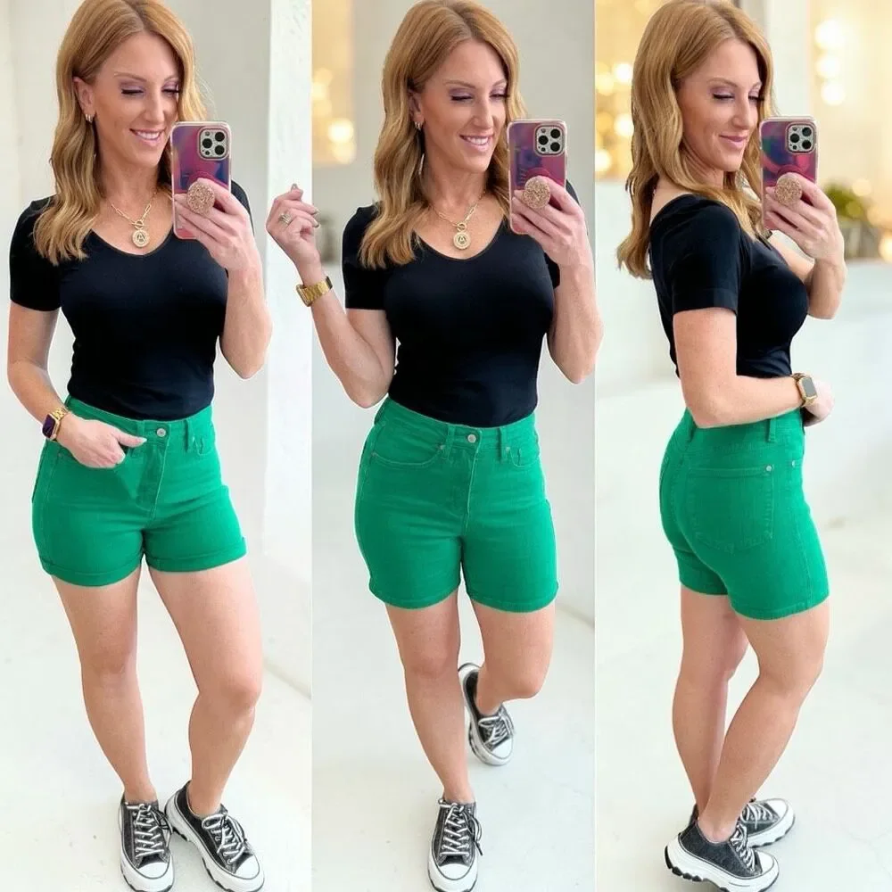 Judy Blue Shorts Green High Rise Tummy Control Cuffed Garment Dyed Stretch Denim - Picture 6 of 16